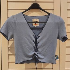 UNIF Blue and Navy Laced Up Ruched Crop Top Blouse